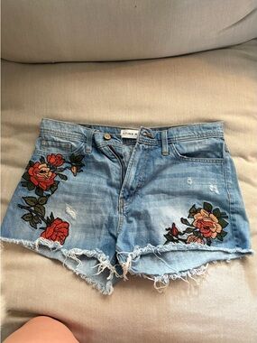 Flying Monkey Light Blue Embroidered Denim Shorts with Red Floral Accents